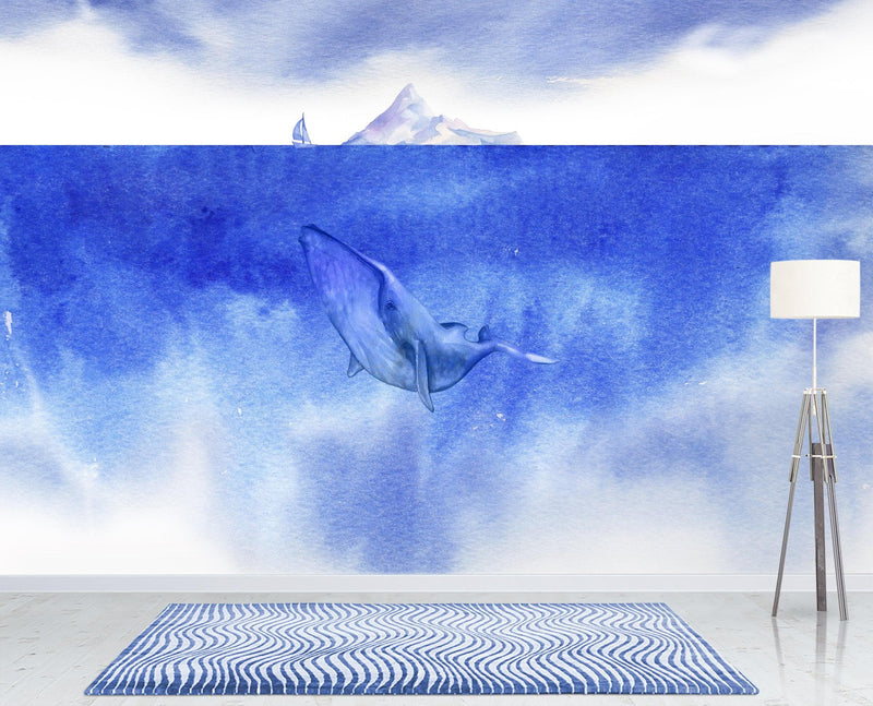 Whale in Ocean Wall Mural. Watercolor artwork of whale, island and sailboat. Peel and Stick Wallpaper.