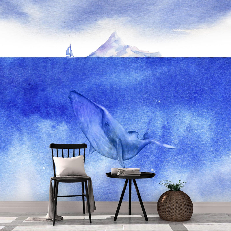 Whale in Ocean Wall Mural. Watercolor artwork of whale, island and sailboat. Peel and Stick Wallpaper.