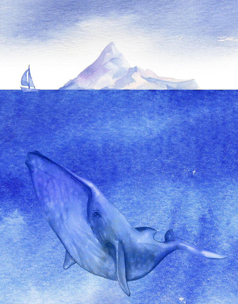 Whale in Ocean Wall Mural. Watercolor artwork of whale, island and sailboat. Peel and Stick Wallpaper.