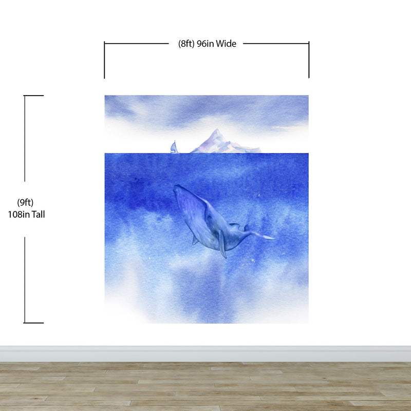 Whale in Ocean Wall Mural. Watercolor artwork of whale, island and sailboat. Peel and Stick Wallpaper.