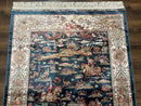 Turkish Silk Hunting Design Rug 4x6, Dark Steel Blue & Ivory, Bamboo Silk, New
