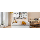 Full Size Wooden Daybed With Twin Size Trundle, and All-in-One Cabinet and Shelf, White
