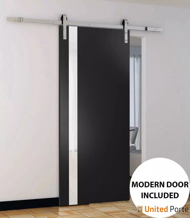 Planum 0040 Matte Black Barn Door with White Glass and Silver Finish Rail