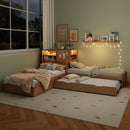 L-Shaped Combination Twin Bed with Trundle and Drawer,3-in-1 Low Corner Platform Bed Linked with Built-in Desk and Led Downlight, Natural