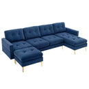 Elegant Convertible L-Shape Sectional Sofa Couch with Movable Ottoman, Velvet Upholstery, Blue