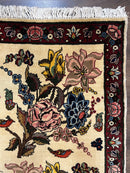 Persian Bidjar Rug 3.6 x 5 ft, Repeated Floral Motifs, Roses and Birds, Cream Burgundy, Fine Wool Oriental Bijar Carpet, Vintage Traditional Area Rug