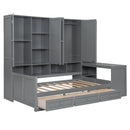 Twin Size Wooden Daybed With Three Drawers, and All-in-One Cabinet, Desk and Shelves, Gray