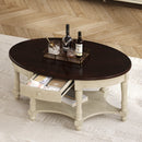Vintage Oval Coffee Table with Drawer and Storage Shelf, Antique Cocktail Table in 45', French Country Accent Table for Living Room,Beige and Espresso