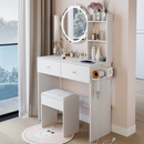 17' Round LED Mirror Vanity Table+Cushioned Stool, Equipped With 2 AC+2 USB Power Socket, Big Mirror, Touch Switch, 3 Colors, Adjustable Brightness, Large Desktop, Multi-layer High Capacity Storage