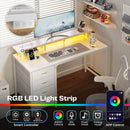 47 Inch LED Gaming Desk With Power Outlets White Drawers
