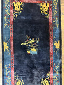Antique Chinese Peking Rug 3x6, Dark Blue, Bird Motif, Handmade Wool Art Deco Asian Oriental Carpet, Pair B