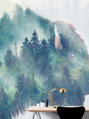 Foggy Mountain Forest View with Bison Buffalo Overlay Natural Scenery Wall Mural
