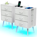 2 Pack Modern Nightstand with Charging Station, Bedside Tables with LED Light and Fabric Drawers