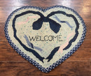Small American Hooked Rug, Vintage Welcome Mat, Heart Shaped, Ivory and Blue