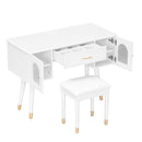 Elegant Vanity Makeup Table & Chair Set, Modern Dressing Table with Organizer, Writing Desk, Charging Port, White, Engineered Wood