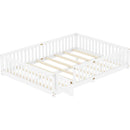 Queen Size Bed Floor Bed with Safety Guardrails and Door for Kids, White