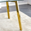 Table and chair set.71 * 35.4 inch rectangular dining table.Tempered Glass Tabletop,Golden 7-shaped Metal Table Legs.Paried With 8 Black High-quality PU Chairs With Arched Metal Legs.W1151S03301