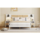 Queen Size Solid Wood Bed Frame with 2 Nightstands, Elegant Design with Lamps, Rattan and Wood Combination,White