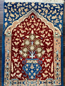 Small Persian Nain Rug, Persian Vase Tree of Life Design, Red and Blue, Very Fine 260 KPSI, Wool and Silk Highlights