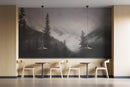 Foggy Misty Forest Trees Over Mountain Under a Starry Night Wall Mural.