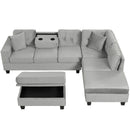 Modern Sectional Sofa with Storage Ottoman, L-Shape Couch with 2 Pillows and Cup Holders, Gray Velvet, 105 inch