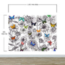 Butterflies in Flower Garden Wall Mural. Retro Black and White Illustration Floral Design.