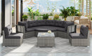 Elegant Patio Furniture Set Outdoor Daybed Rattan Sectional with Cushions and Center Table, Grey, Iron + Rattan