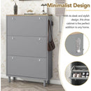 Narrow Design Shoe Cabinet with 3 Flip Drawers, Wood Grain Pattern Top Entryway Organizer with 3 Hooks, Free Standing Shoe Rack with Adjustable Panel for Hallway, Grey