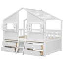 Full Size House Loft Bed with Roof, Windows,4 Storage Drawers,Pine Wooden Bed with Safety Guardrails,Ladder,White