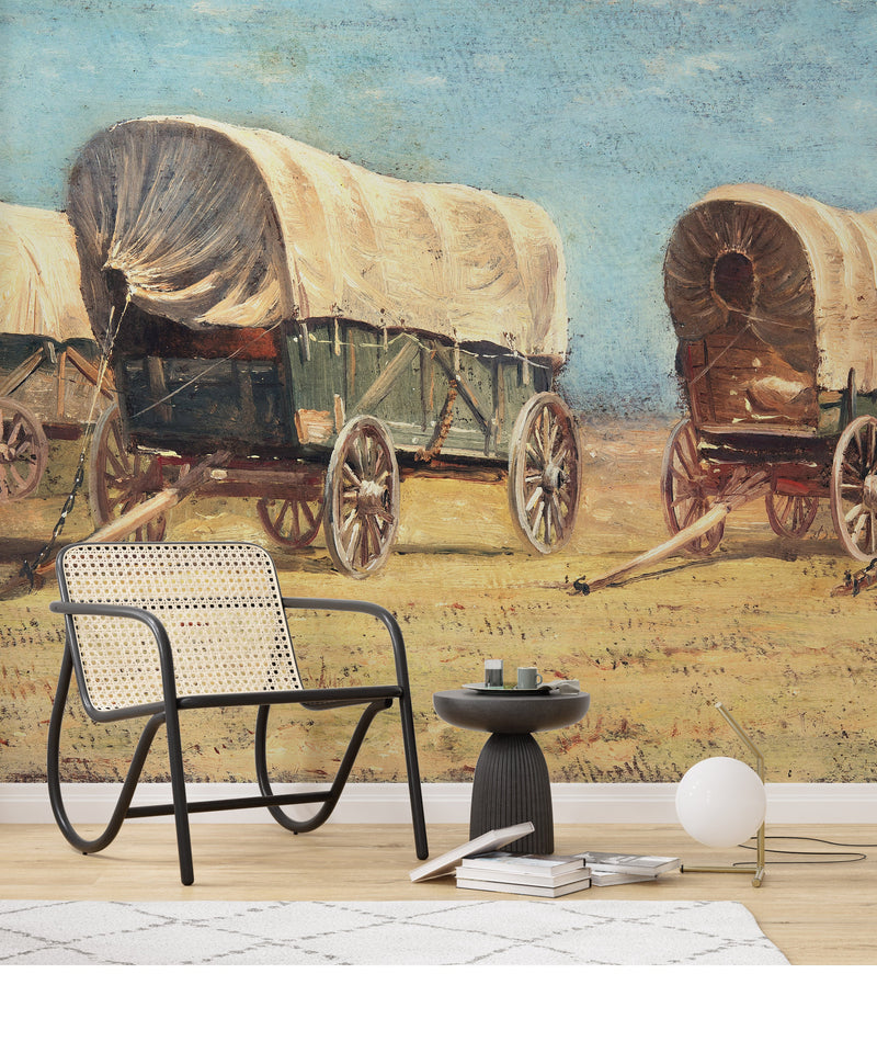 Western Cowboy Theme Wall Mural Decor. Study of Covered Wagons by Samuel Colman. Painting Artwork. Peel and Stick Wallpaper.