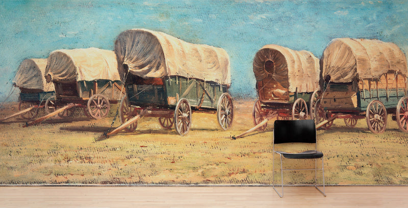 Western Cowboy Theme Wall Mural Decor. Study of Covered Wagons by Samuel Colman. Painting Artwork. Peel and Stick Wallpaper.