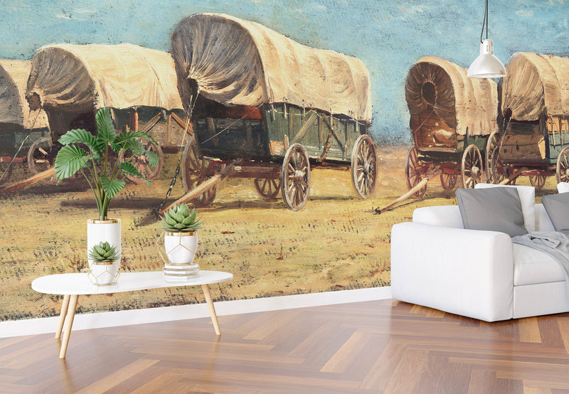 Western Cowboy Theme Wall Mural Decor. Study of Covered Wagons by Samuel Colman. Painting Artwork. Peel and Stick Wallpaper.