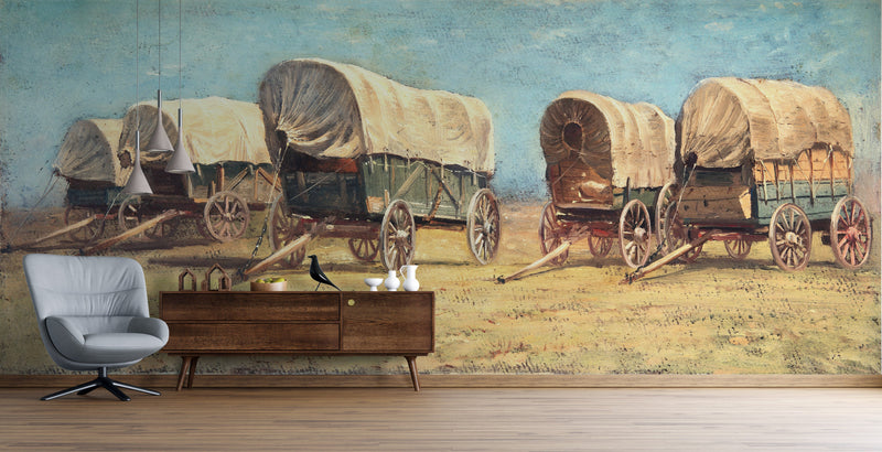 Western Cowboy Theme Wall Mural Decor. Study of Covered Wagons by Samuel Colman. Painting Artwork. Peel and Stick Wallpaper.