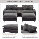 Modern Chenille Upholstered Sectional Sofa with Ottomans, USB Ports, Cup Holders, and Storage in Grey