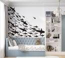 Shark Frenzy Underwater Wall Mural. Peel and Stick Wallpaper. Black and White Shark Silhouettes