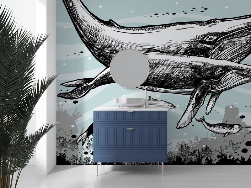 Whale, Dolphin, Killer Whale Wall Mural. Underwater Sea Life Drawing Design. Peel and Stick Wall Mural.