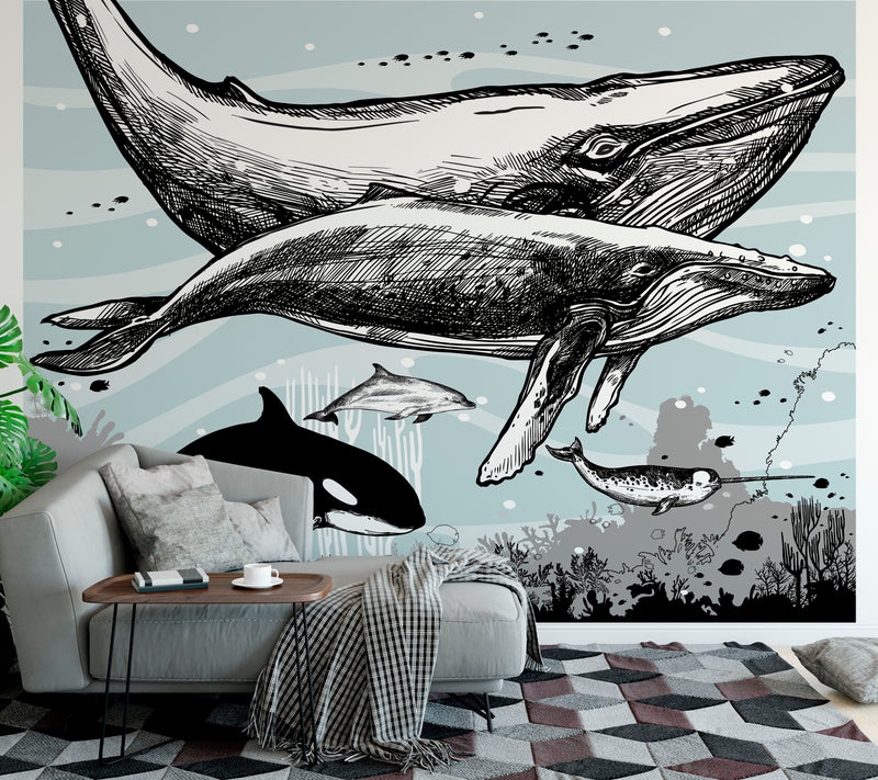 Whale, Dolphin, Killer Whale Wall Mural. Underwater Sea Life Drawing Design. Peel and Stick Wall Mural.