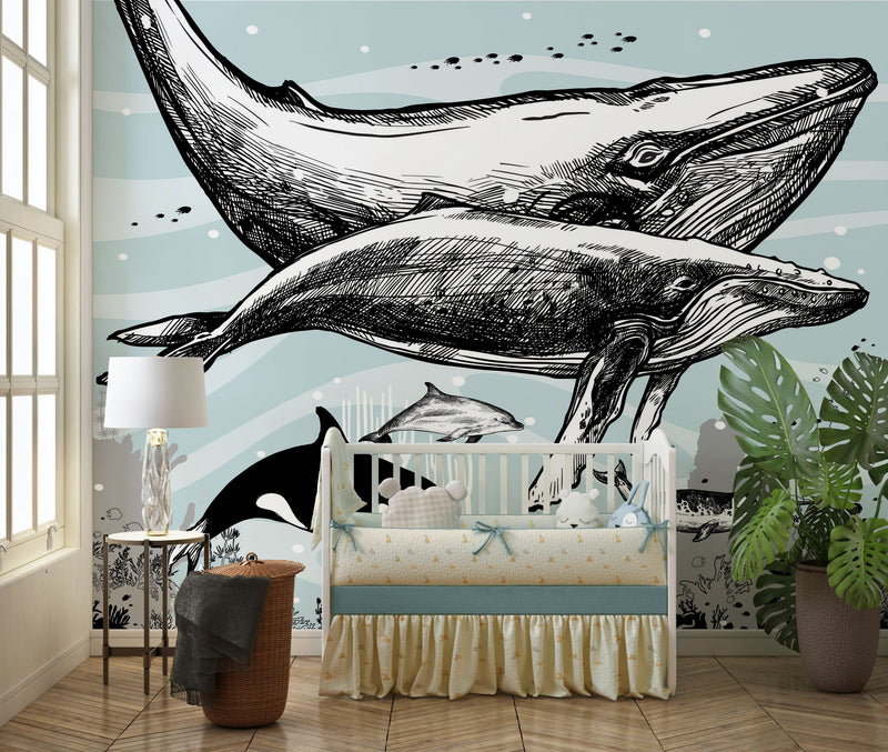 Whale, Dolphin, Killer Whale Wall Mural. Underwater Sea Life Drawing Design. Peel and Stick Wall Mural.