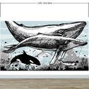 Whale, Dolphin, Killer Whale Wall Mural. Underwater Sea Life Drawing Design. Peel and Stick Wall Mural.