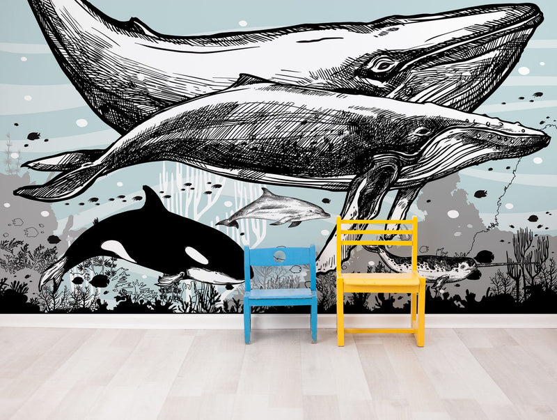 Whale, Dolphin, Killer Whale Wall Mural. Underwater Sea Life Drawing Design. Peel and Stick Wall Mural.