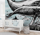 Whale, Dolphin, Killer Whale Wall Mural. Underwater Sea Life Drawing Design. Peel and Stick Wall Mural.