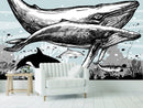 Whale, Dolphin, Killer Whale Wall Mural. Underwater Sea Life Drawing Design. Peel and Stick Wall Mural.