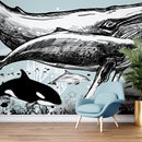 Whale, Dolphin, Killer Whale Wall Mural. Underwater Sea Life Drawing Design. Peel and Stick Wall Mural.