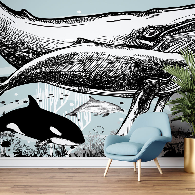 Whale, Dolphin, Killer Whale Wall Mural. Underwater Sea Life Drawing Design. Peel and Stick Wall Mural.