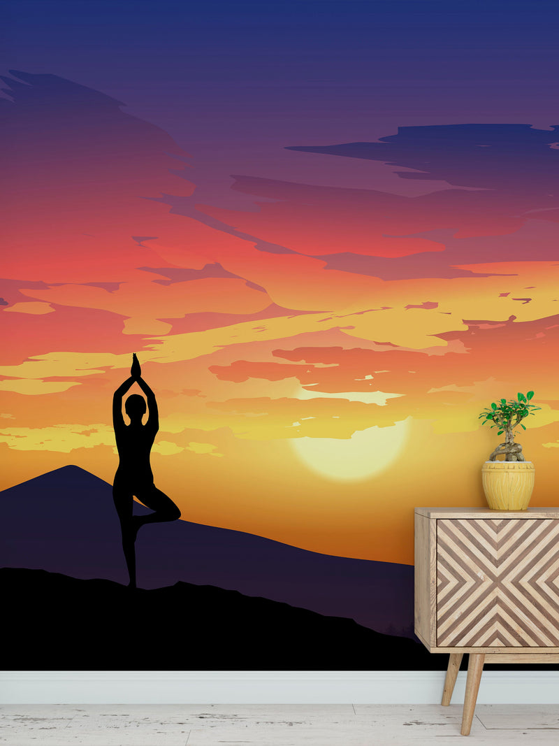 Yoga Meditating On Top of Mountain View Wall Mural. Calm Sunrise Design Peel and Stick Wallpaper.