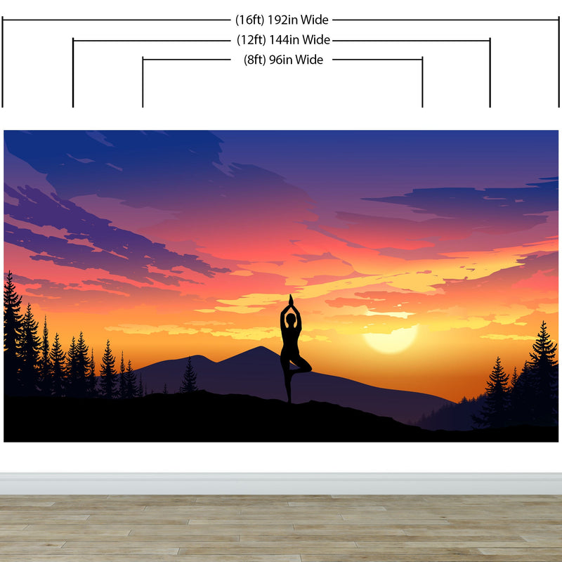 Yoga Meditating On Top of Mountain View Wall Mural. Calm Sunrise Design Peel and Stick Wallpaper.