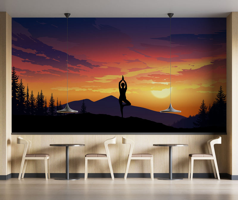 Yoga Meditating On Top of Mountain View Wall Mural. Calm Sunrise Design Peel and Stick Wallpaper.