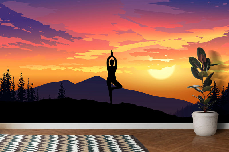 Yoga Meditating On Top of Mountain View Wall Mural. Calm Sunrise Design Peel and Stick Wallpaper.