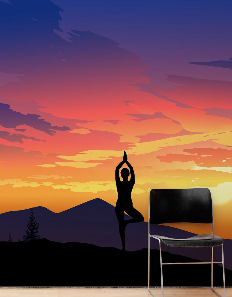 Yoga Meditating On Top of Mountain View Wall Mural. Calm Sunrise Design Peel and Stick Wallpaper.