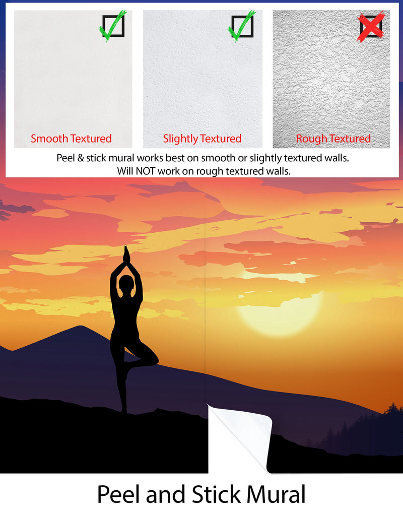 Yoga Meditating On Top of Mountain View Wall Mural. Calm Sunrise Design Peel and Stick Wallpaper.